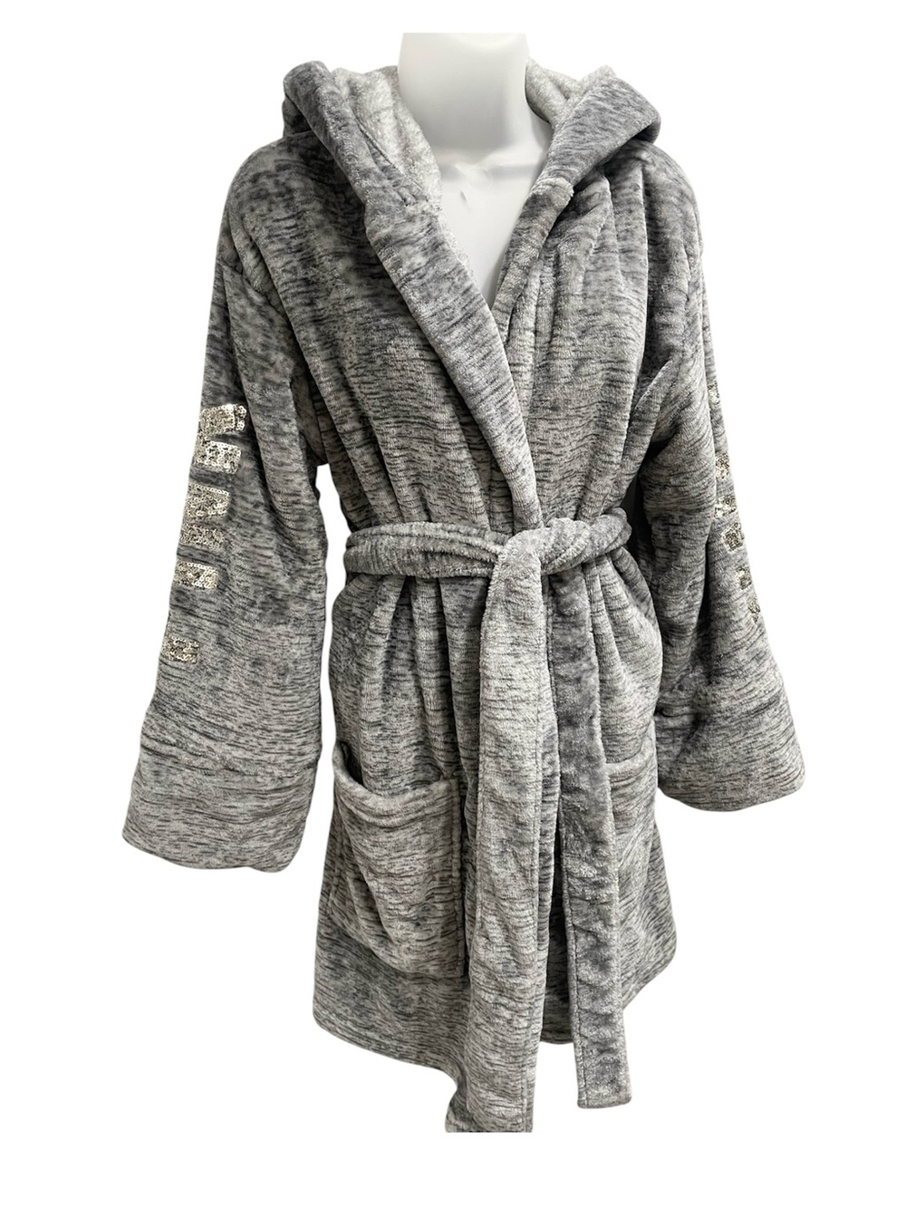 PINK Victoria's Secret Gray Plush Hooded Robe with Sequin Sleeve Accents
